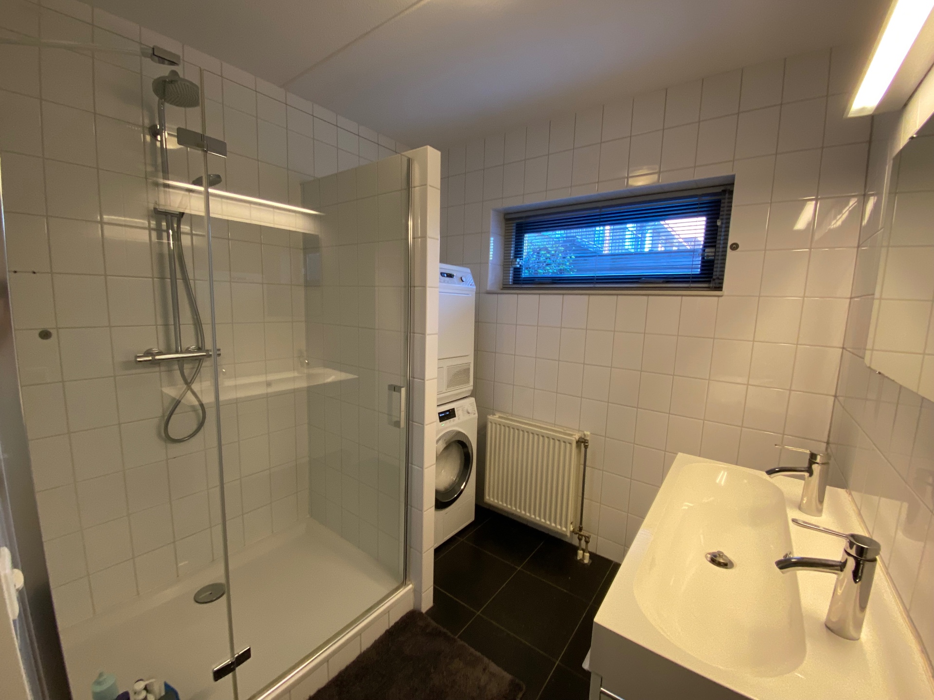 Badkamer met wastafel, douche en wasmachine