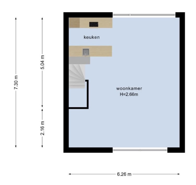 Plattegrond eerste verdieping met woonkamer en halfopen keuken